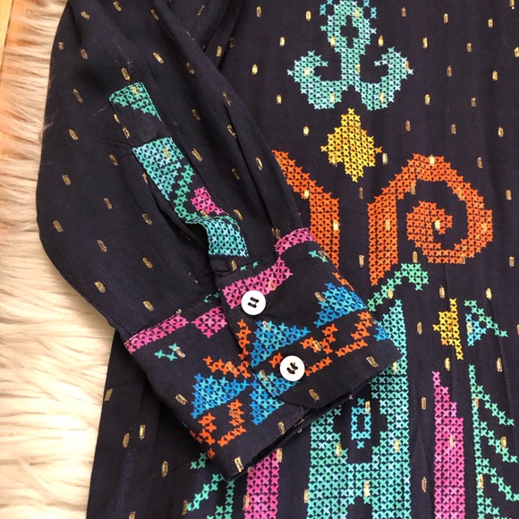 Zara Actez Tribal Geometric Metallic Long Sleeves Colorful Navy Shirtdress M - Picture 6 of 15
